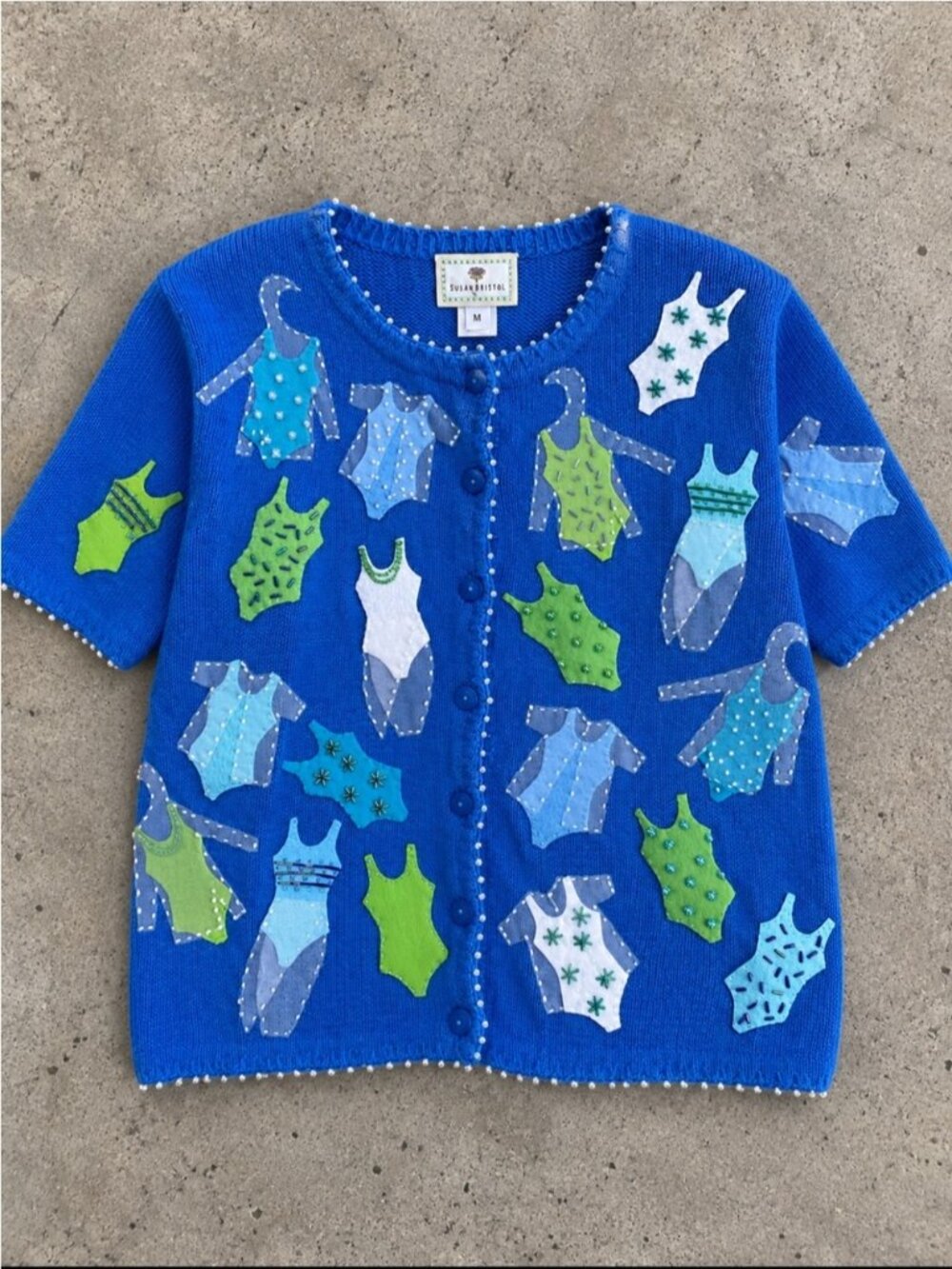 1999 Susan Bristol Cardigan Sweater Woman M Blue Swimsuit Appliqué Shoulder Pads